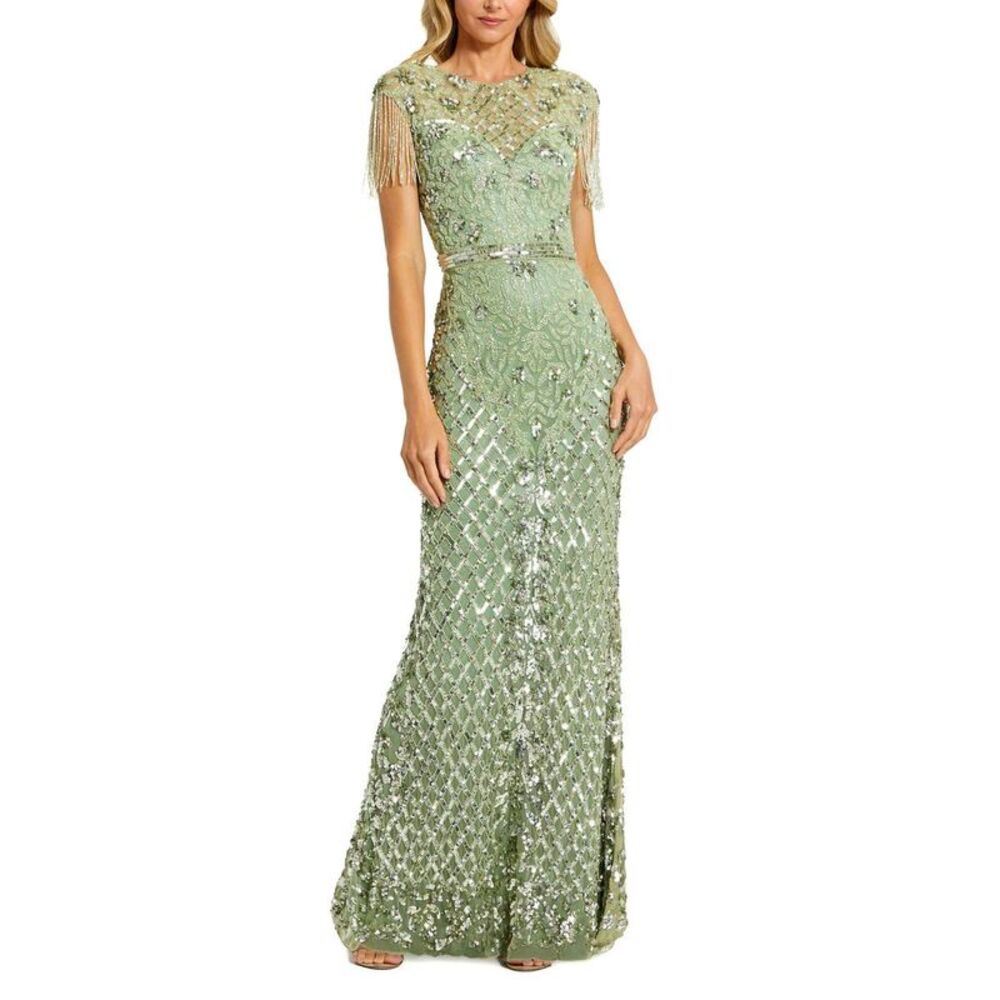 Mac Duggal Mint Green Beaded Fringe Maxi Gown